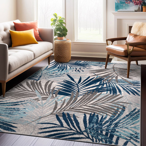 Beachcrest Home Beliveau Floral Performance Blue/Gray/Ivory Rug